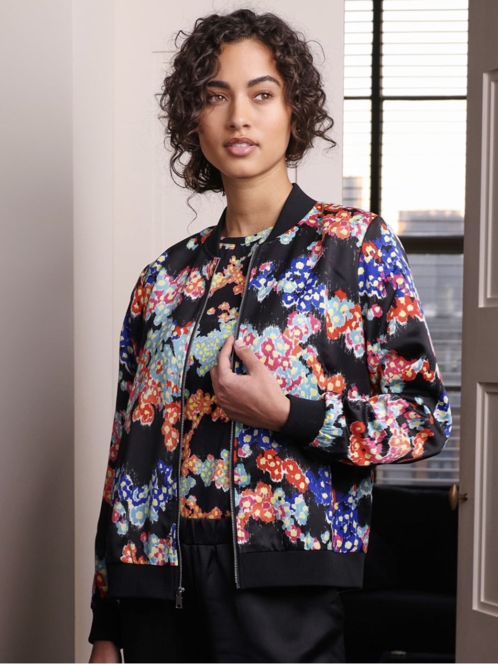 Jason Wu Floral Satin Bomber Jacket | Black Multicolor | Size Large